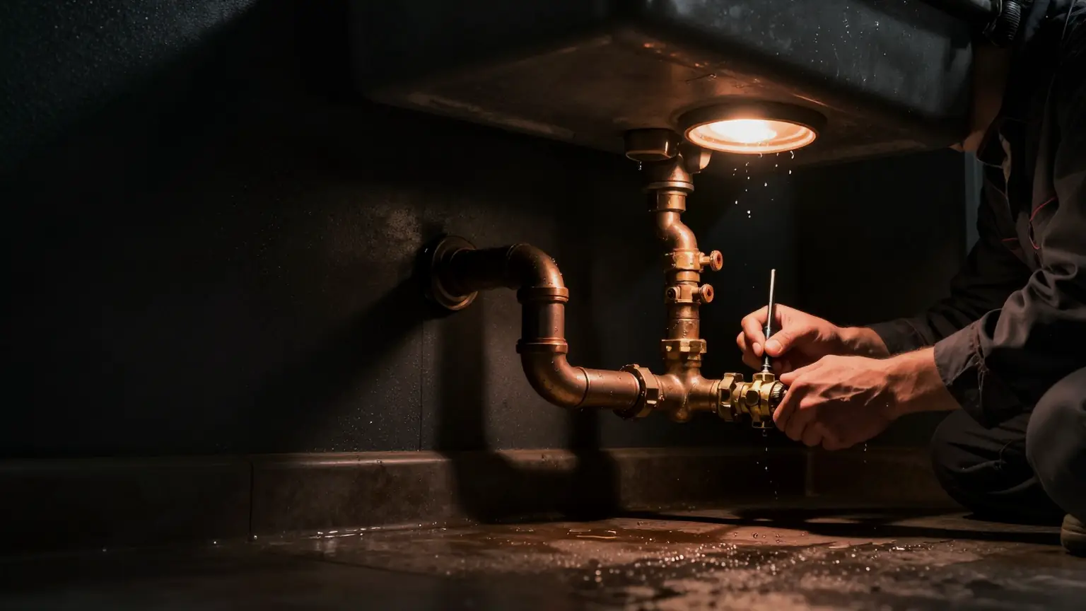 Plumber working on pipework in a dark utility room